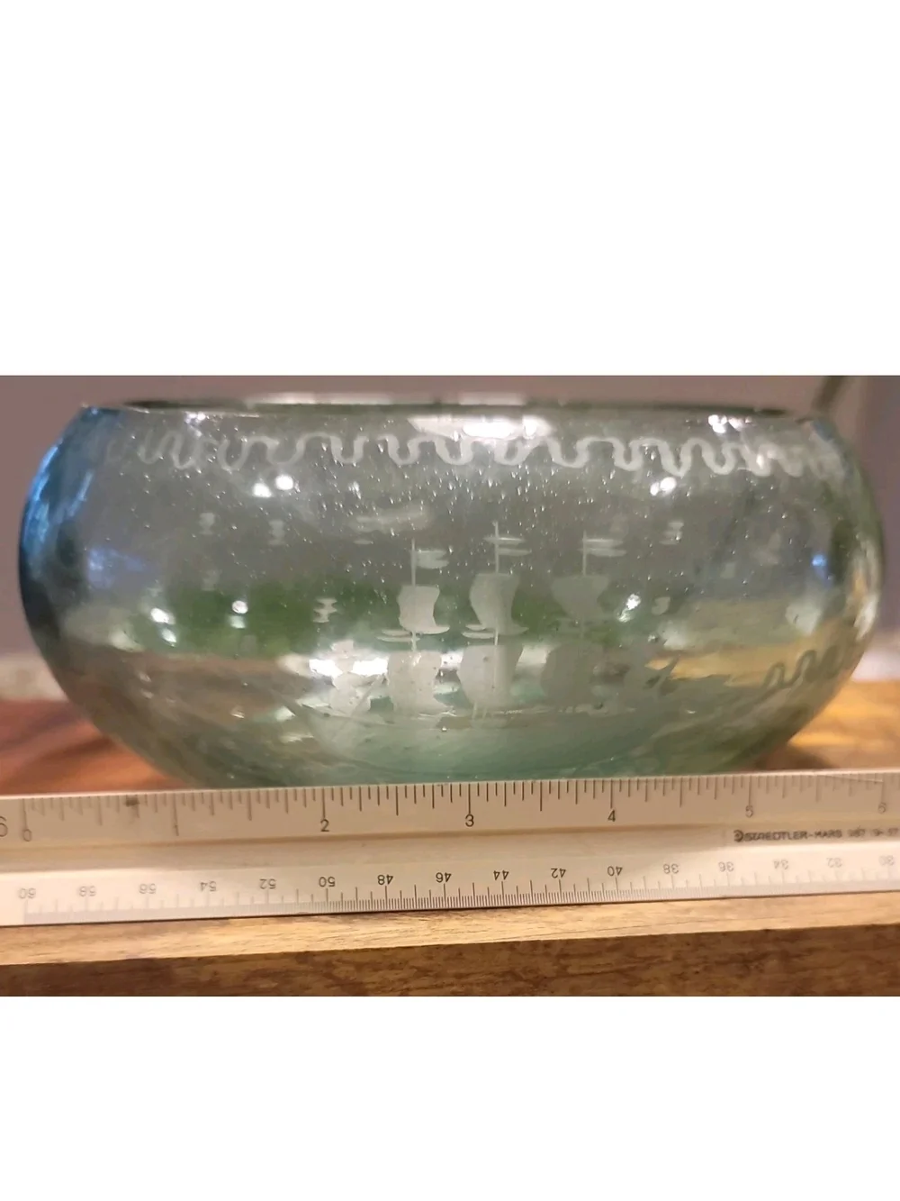 Antique Glass Bowl Czechoslavovakian Hand Etched Schooner/ Oval 6
